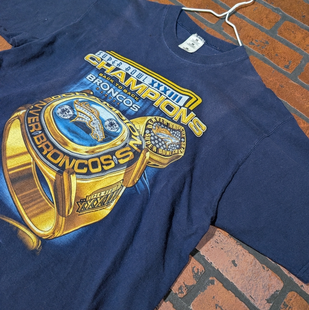 Vintage‎ Hanes Denver Broncos Super Bowl XXXIII Champions T-Shirt Mens L Navy